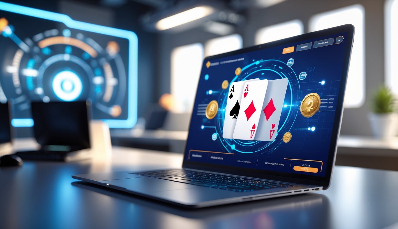 Seorang pengguna sedang bermain permainan kartu online di komputer dengan latar belakang yang menunjukkan keamanan dan koneksi jaringan.