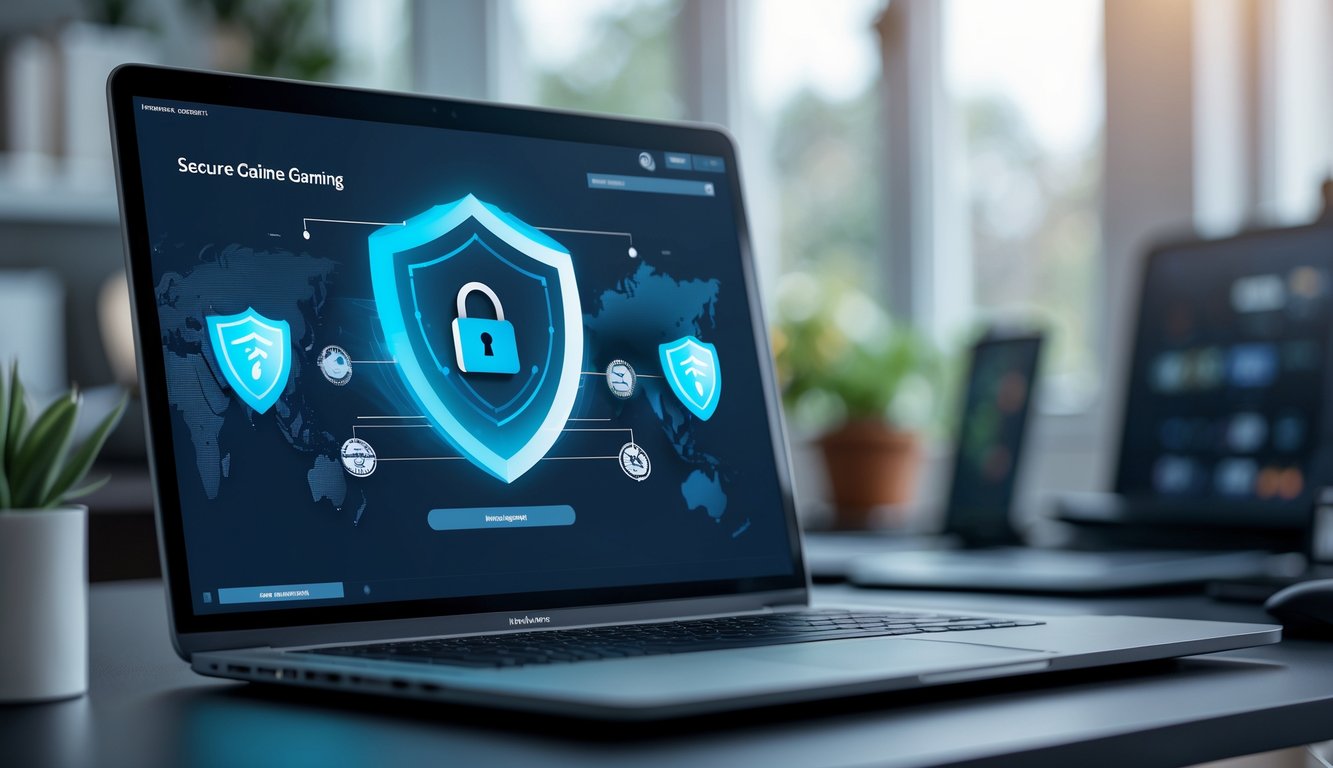 Seorang pengguna duduk di depan komputer dengan layar yang menampilkan simbol keamanan dan koneksi jaringan, di ruang kerja yang nyaman.