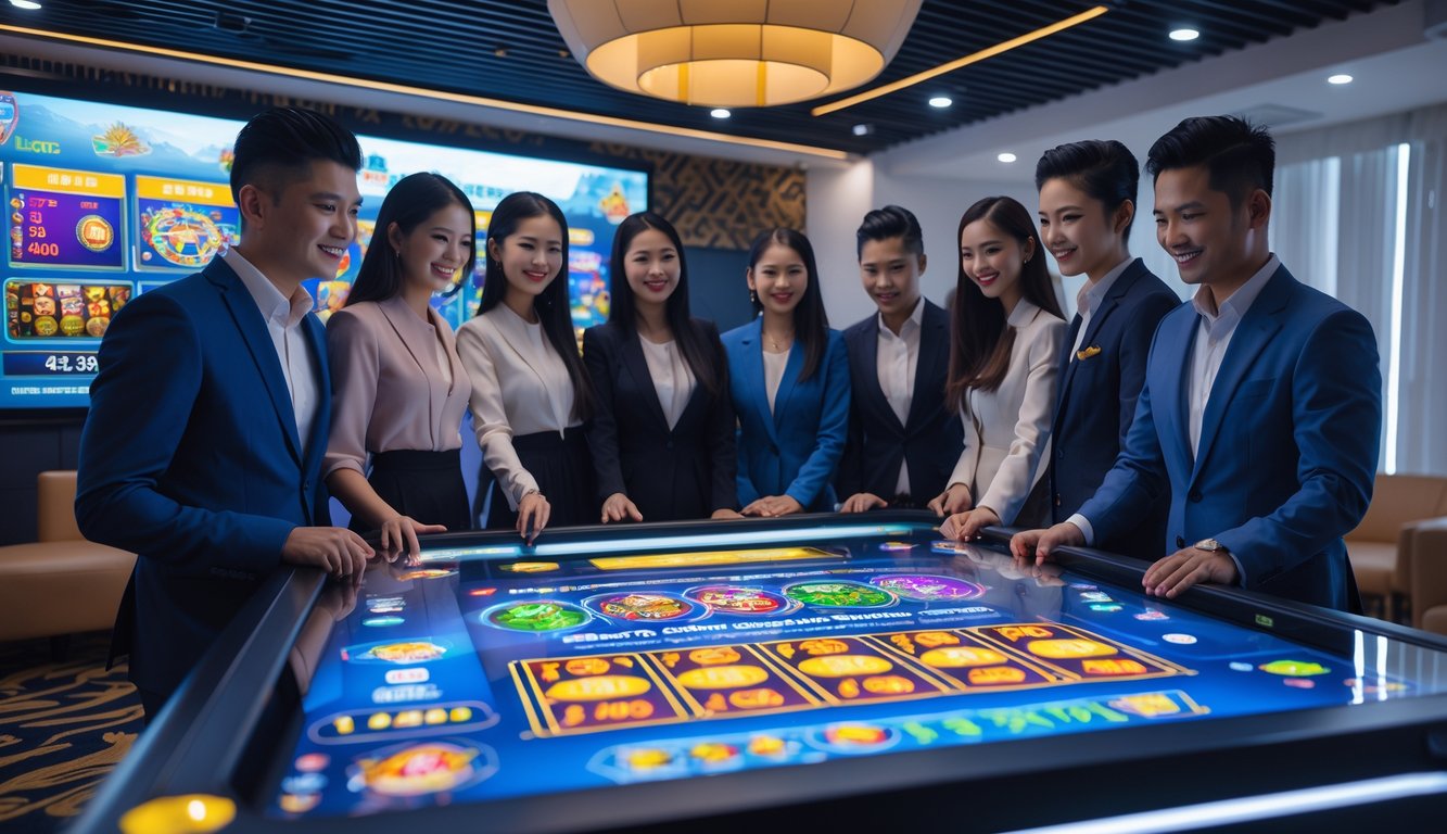 Sekelompok orang muda bermain permainan kasino online di meja digital dalam ruangan modern dengan elemen dekorasi tradisional Indonesia.