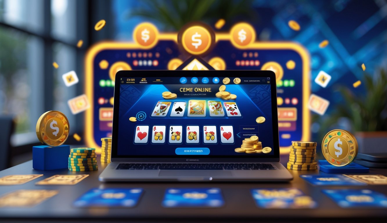 Seorang pria menggunakan laptop di meja kerja modern dengan tampilan permainan kartu digital dan simbol jackpot di layar.