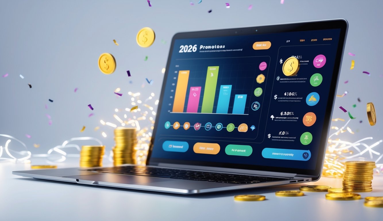 Seseorang menggunakan laptop dengan tampilan antarmuka digital yang menampilkan ikon bonus dan grafik warna-warni, dikelilingi oleh efek cahaya dan koin, menggambarkan promosi togel online untuk anggota baru.