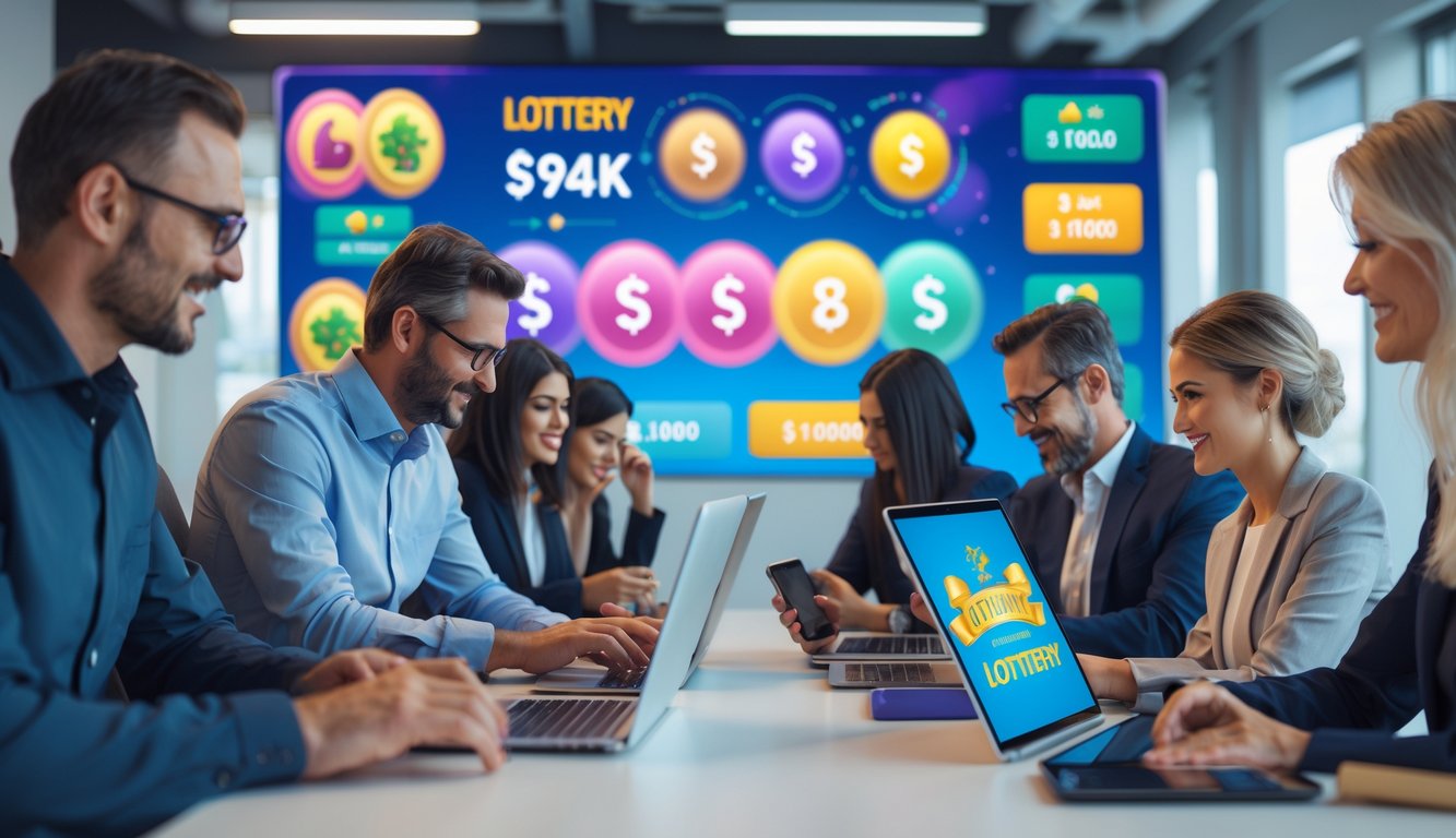 Beberapa orang dewasa menggunakan perangkat digital di ruang kantor modern yang terang, dengan tampilan antarmuka lotere dan simbol promosi di latar belakang.