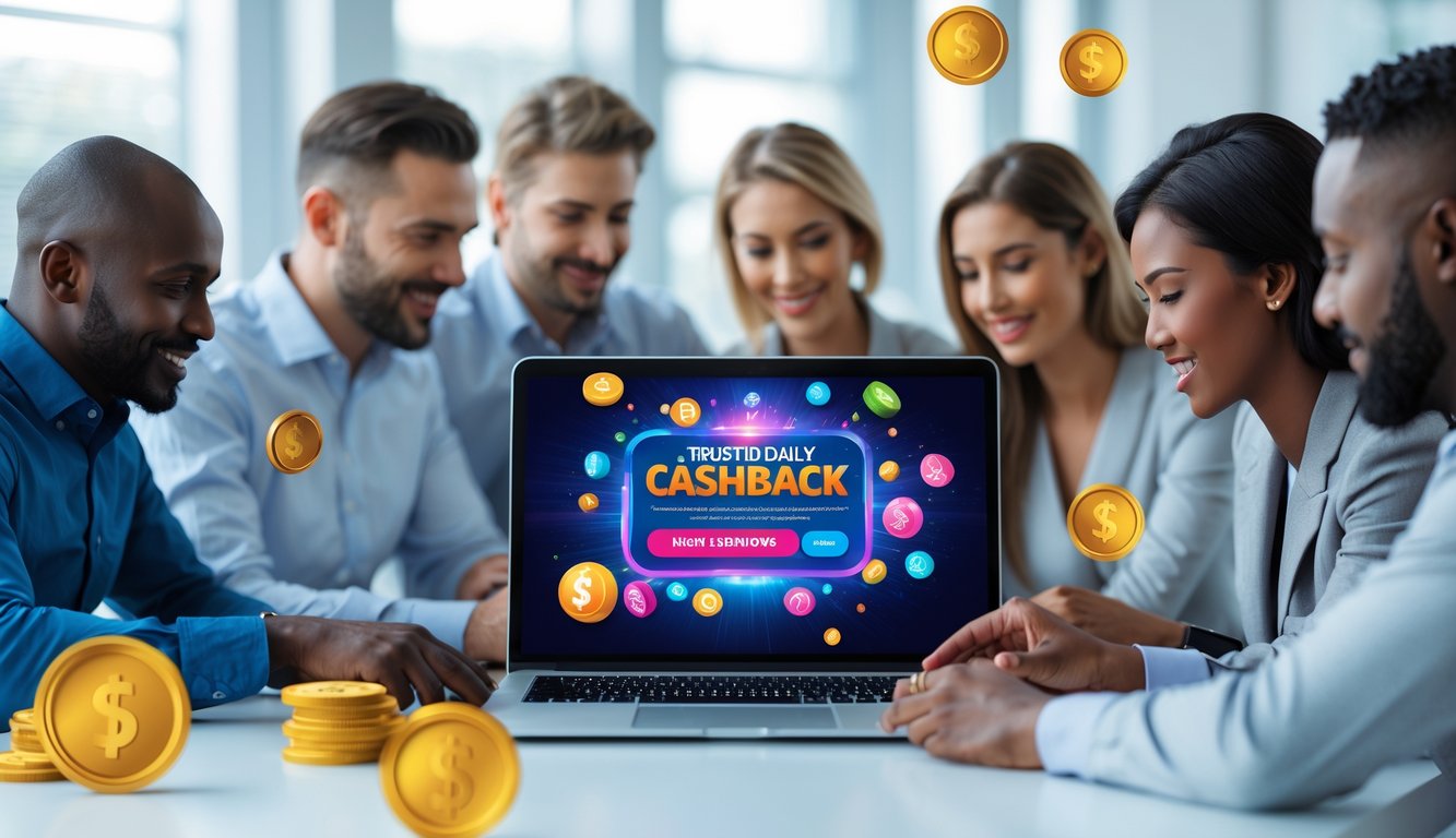 Orang-orang menggunakan laptop di meja kerja modern dengan bola lotere dan koin digital di sekitar, menggambarkan konsep bandar togel online dengan promo dan cashback harian.