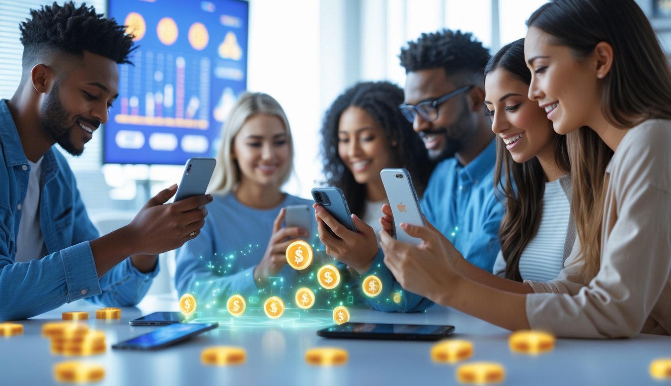 Sekelompok orang muda menggunakan ponsel dan laptop di ruangan modern, menunjukkan aktivitas transaksi online dengan suasana ceria dan dinamis.