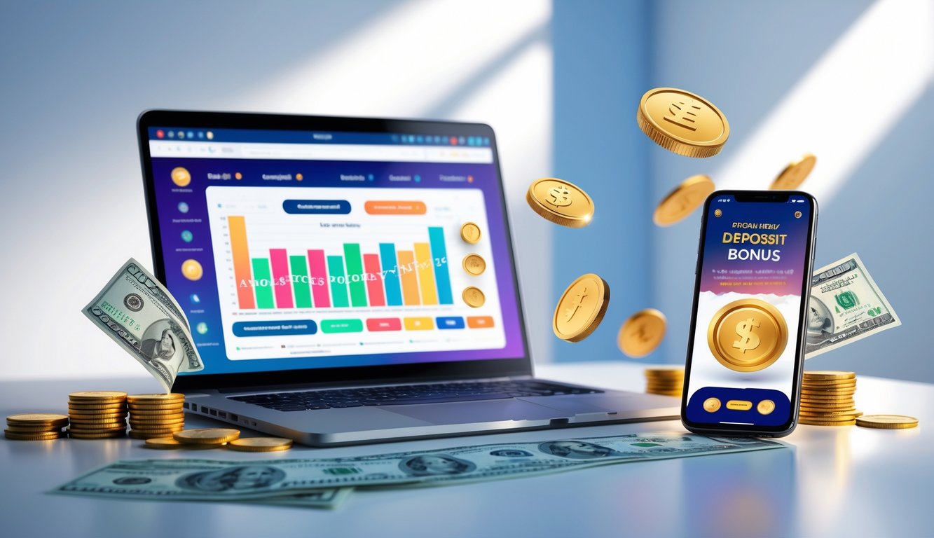 Seorang pria menggunakan laptop dan ponsel di meja kerja yang bersih, menampilkan antarmuka situs togel online dengan elemen uang dan grafik warna-warni.