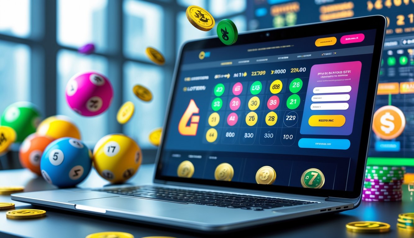 Meja kerja modern dengan laptop yang menampilkan antarmuka situs togel online dan elemen simbolis seperti bola togel dan grafik di sekitar.