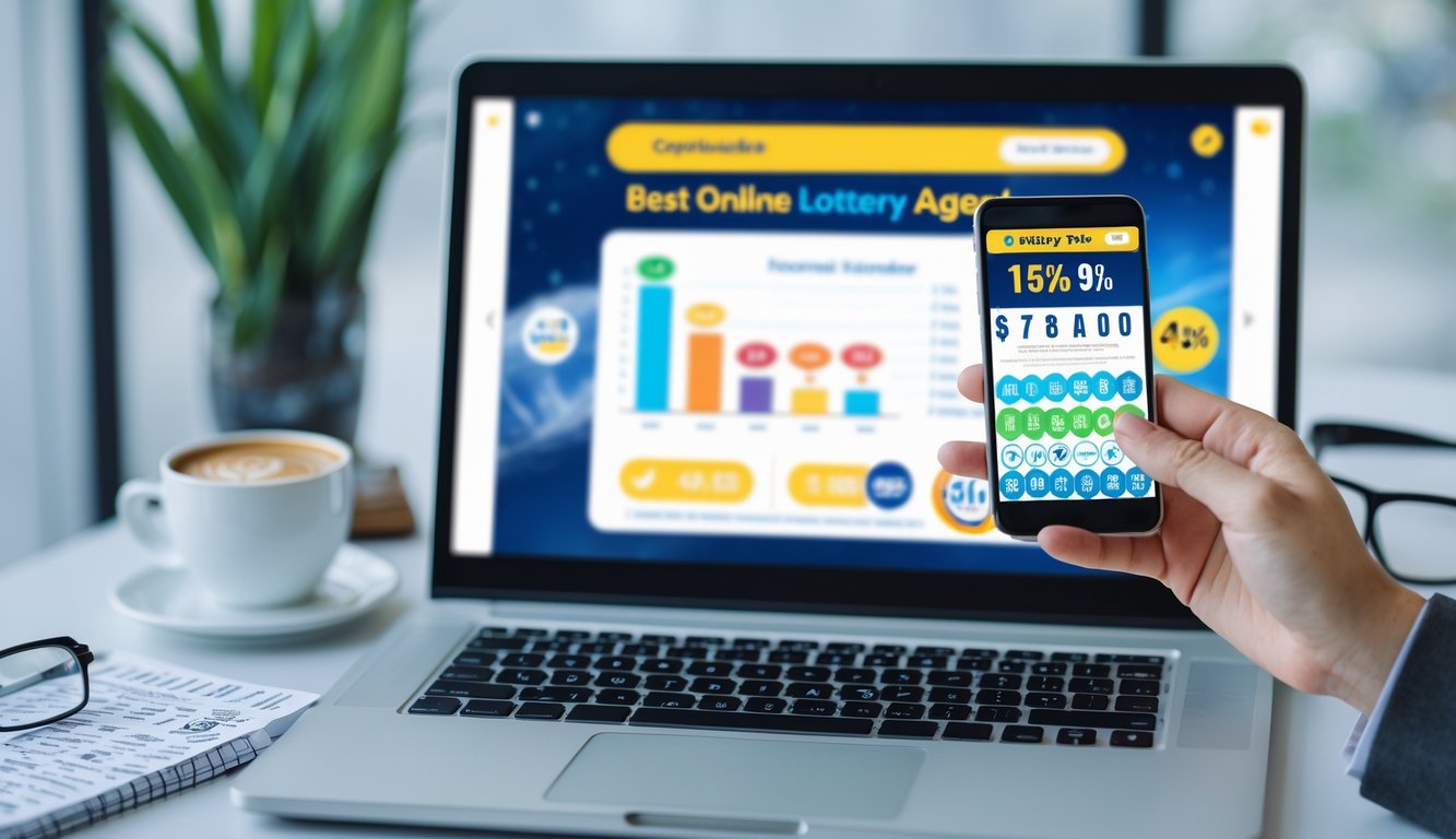 Seseorang menggunakan laptop dan smartphone di meja kerja dengan tiket lotre dan elemen promosi di sekitar.