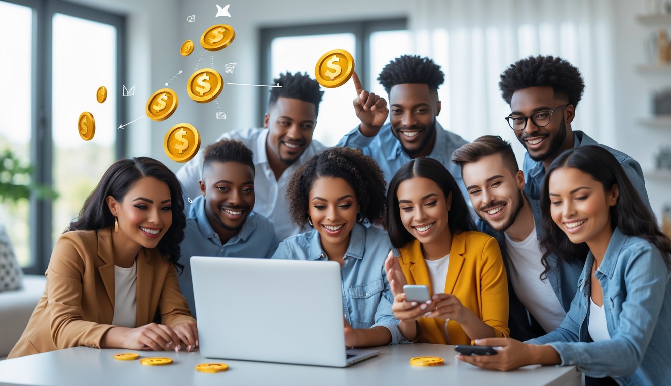 Sekelompok orang muda yang ceria sedang menggunakan laptop dan ponsel di ruang tamu modern, menunjukkan kegembiraan dan interaksi dengan platform online.