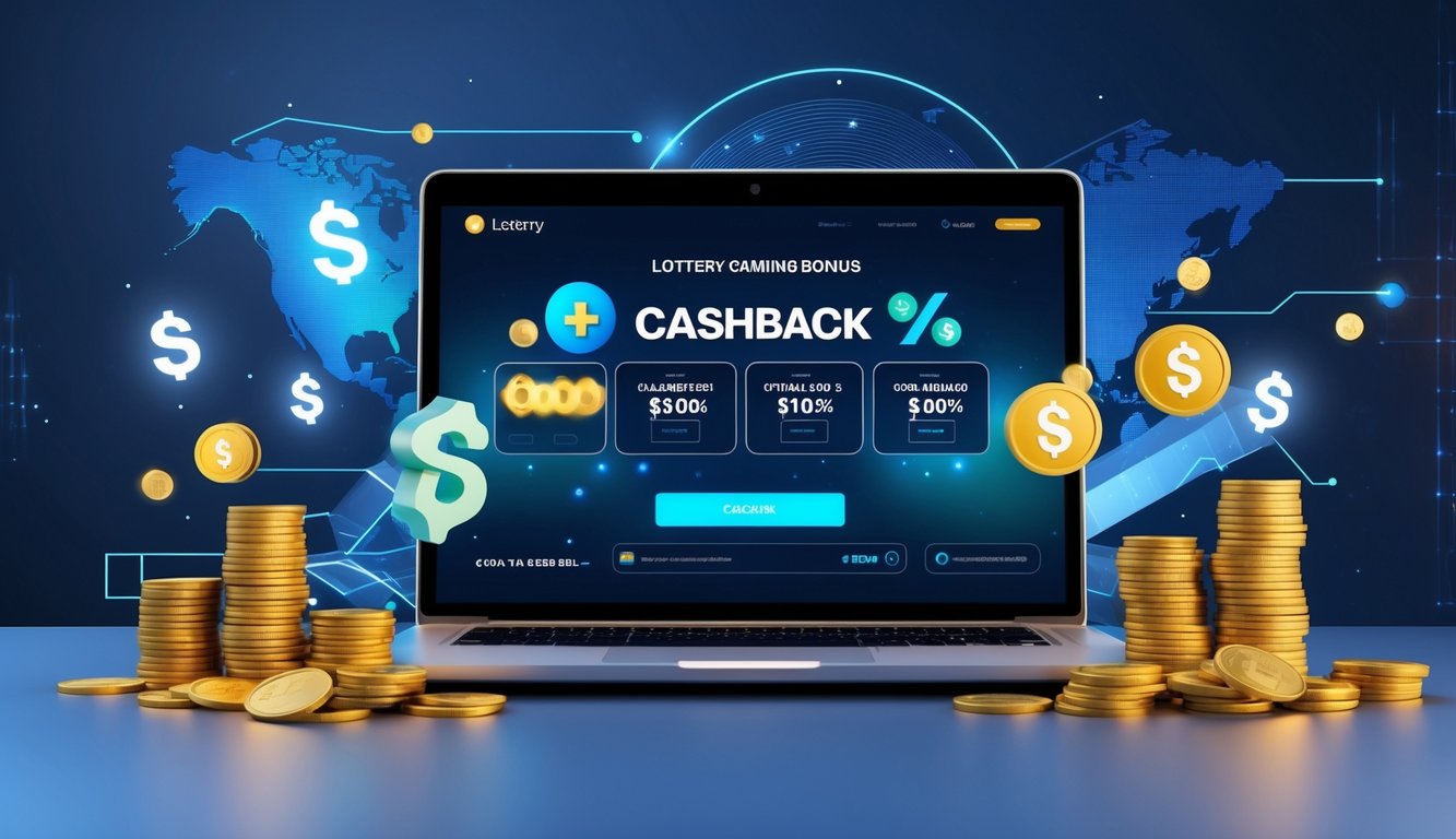 Seorang profesional menggunakan laptop dengan tampilan situs togel online dan simbol uang serta hadiah di sekitarnya.