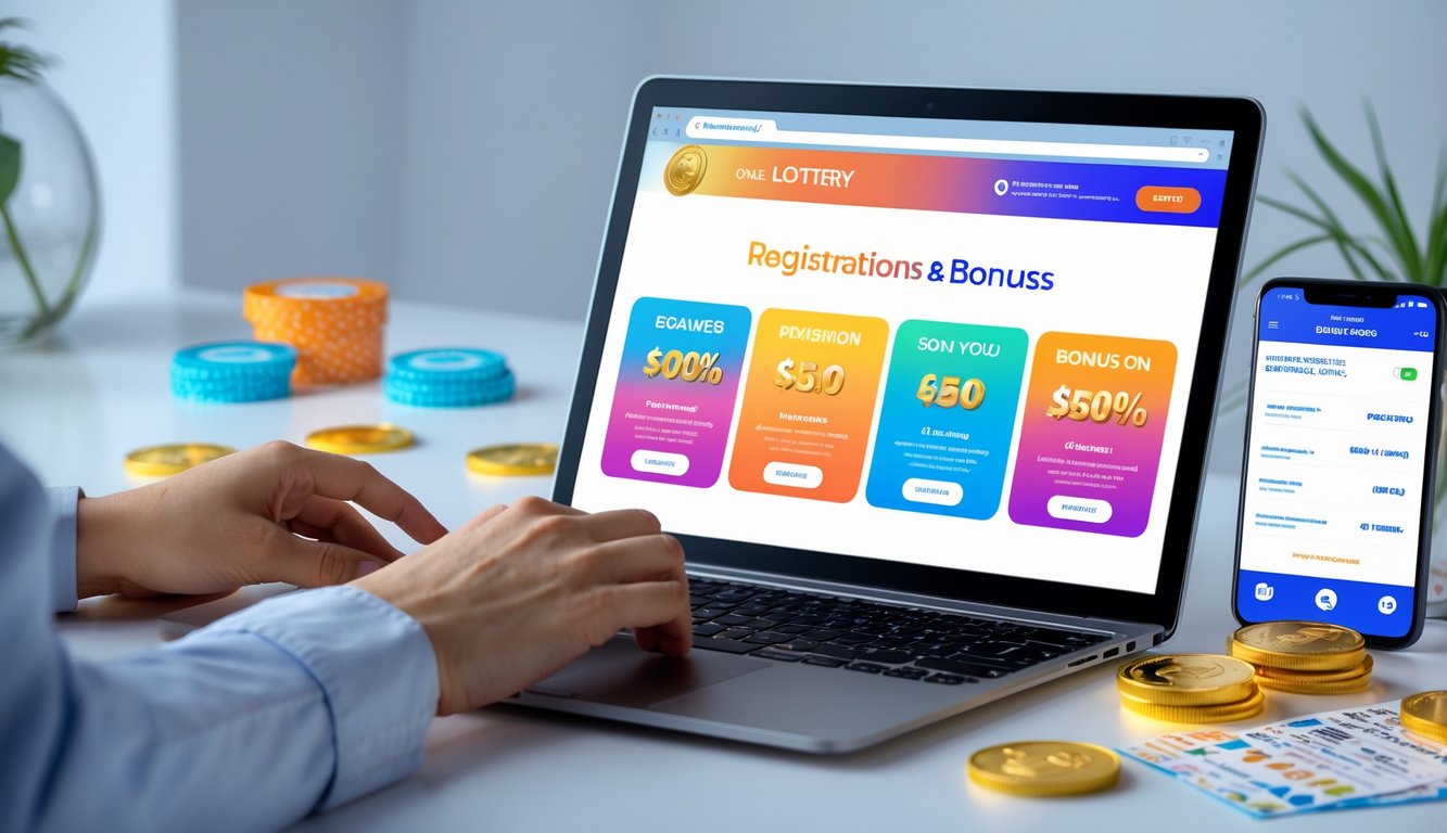 Seseorang menggunakan laptop di meja kerja dengan tampilan situs togel online dan elemen digital terkait promosi dan bonus.