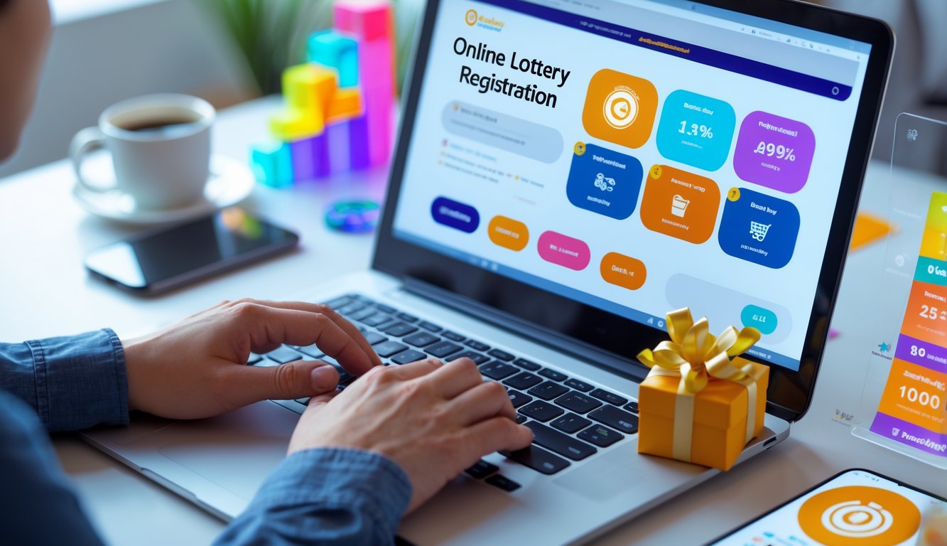 Seseorang sedang menggunakan laptop di meja kerja dengan elemen promosi dan perangkat digital di sekitarnya.