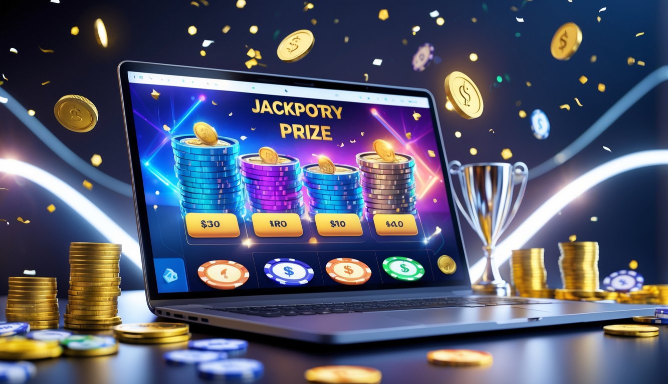 Sebuah laptop atau ponsel menampilkan antarmuka digital dengan ikon jackpot dan hadiah besar, dikelilingi oleh tumpukan uang dan koin emas.