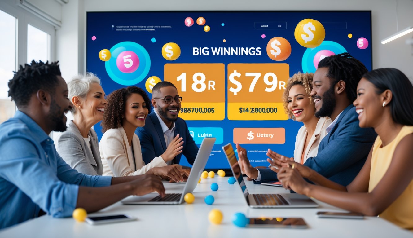 Sekelompok orang senang berkumpul di depan layar digital menampilkan angka jackpot dan hadiah besar dalam suasana ruang modern.