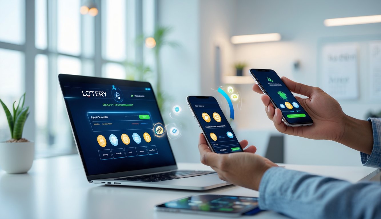 Seseorang menggunakan laptop dan ponsel di meja yang bersih dengan suasana kantor yang terang.