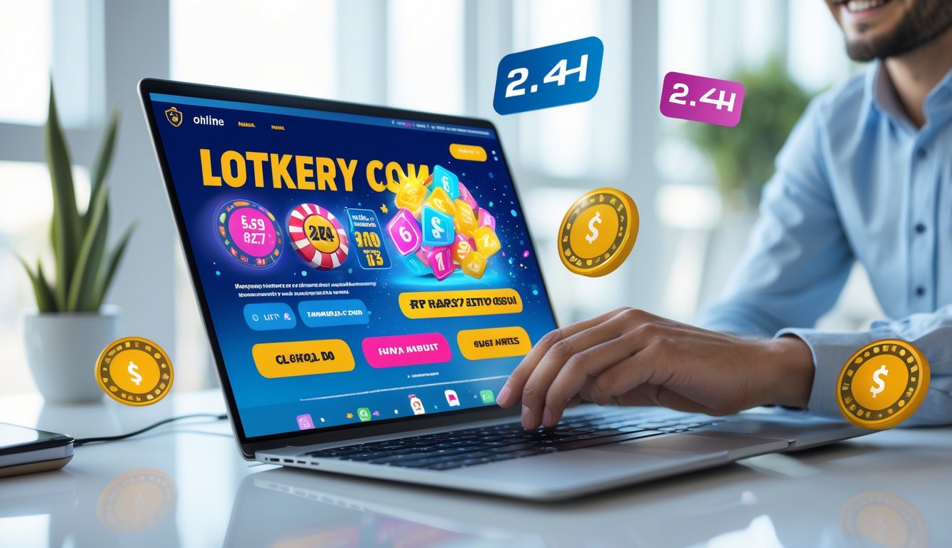 Seseorang menggunakan laptop di meja kerja dengan tampilan situs togel online, dikelilingi ikon pembayaran digital dan jam yang menunjukkan layanan 24 jam.