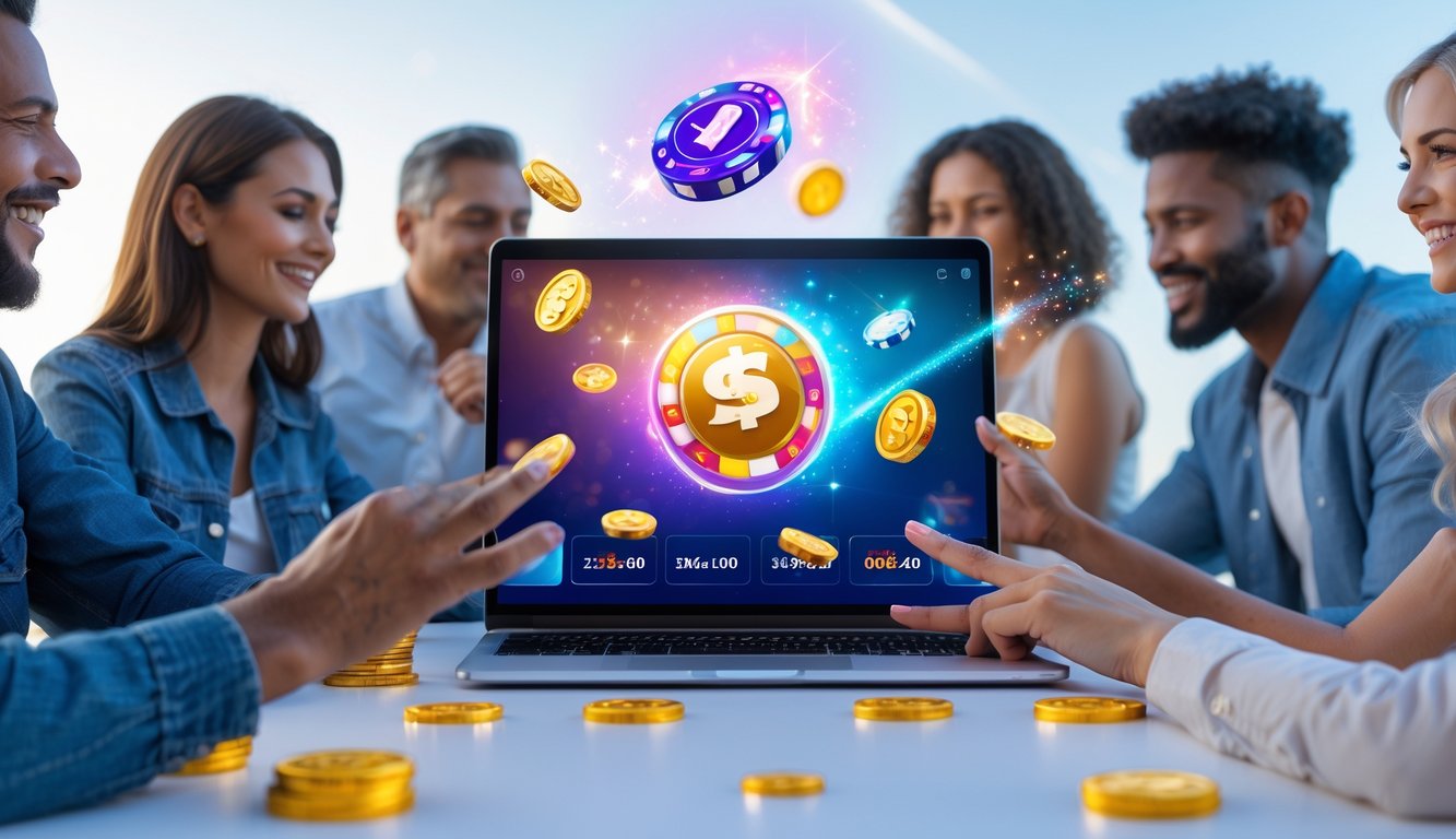 Orang-orang menikmati acara promosi togel online dengan perangkat digital dan elemen simbol bonus di sekitar mereka.