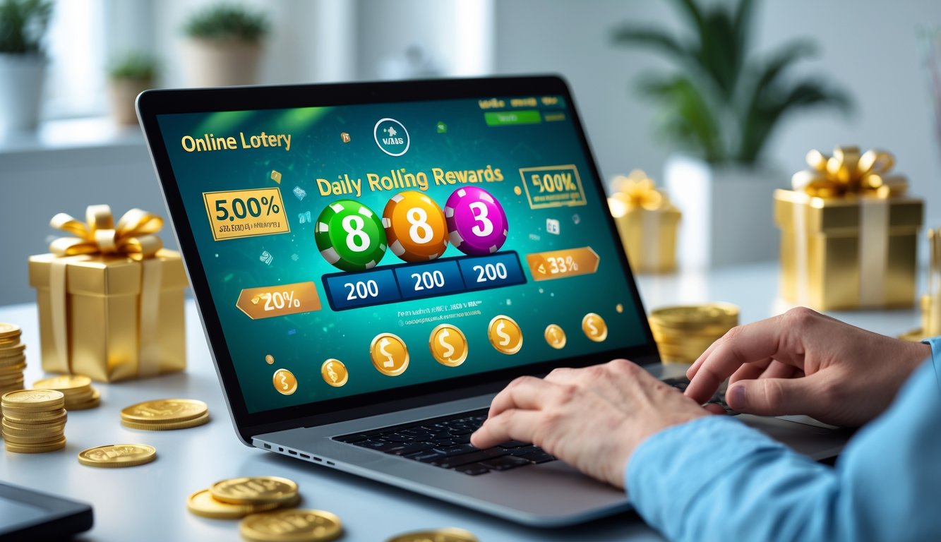 Seseorang menggunakan komputer dengan tampilan angka togel dan simbol hadiah di meja kerja yang rapi.