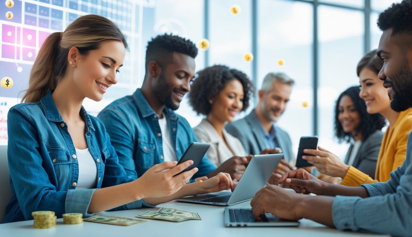 Orang-orang menggunakan perangkat digital di lingkungan modern yang menunjukkan aktivitas permainan togel online dengan suasana yang ramah dan terpercaya.