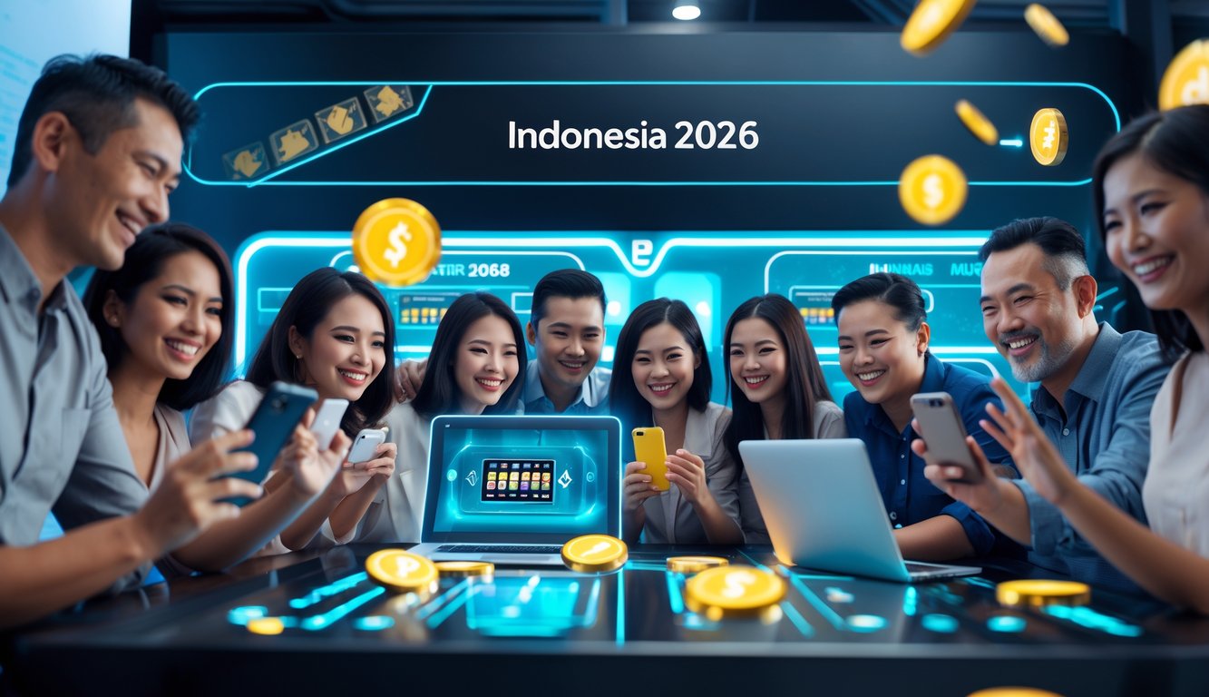Sekelompok orang yang bahagia menggunakan perangkat digital untuk bermain slot online dengan latar belakang antarmuka digital yang modern dan aman.