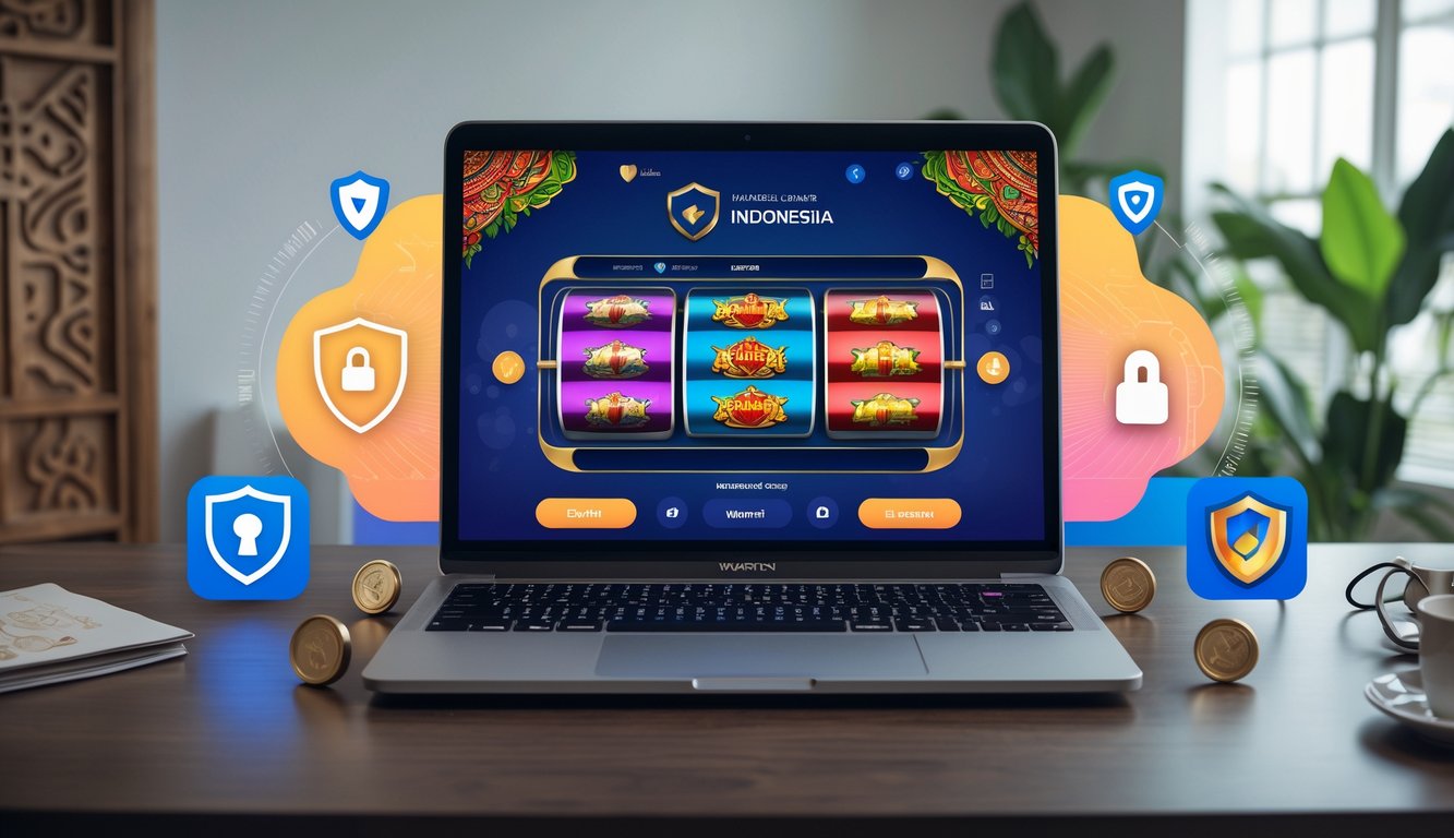 Seseorang menggunakan komputer dengan tampilan permainan slot online yang aman dan resmi, dengan latar belakang dekorasi tradisional Indonesia.