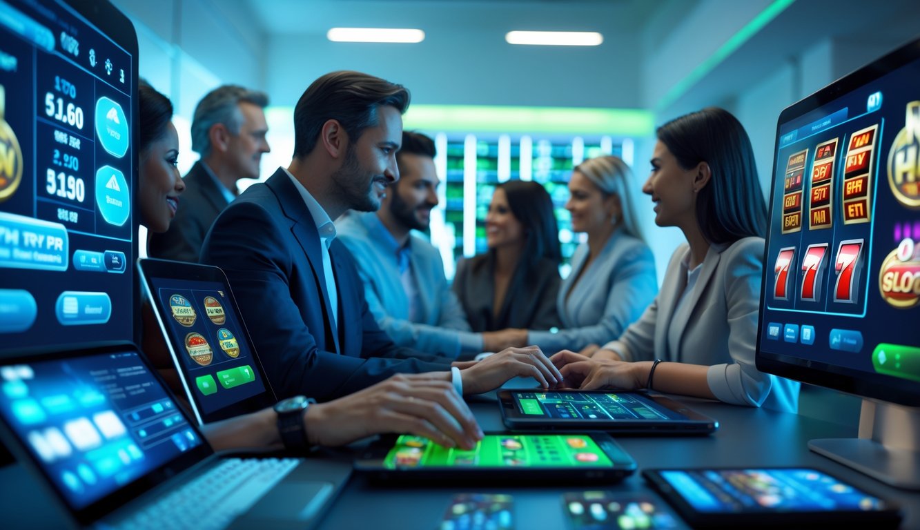 Beberapa orang dewasa sedang bermain permainan slot online di layar komputer dan ponsel di ruangan yang terang dan aman.