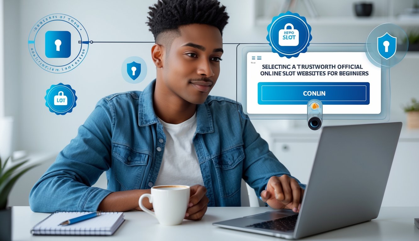 Seorang dewasa muda duduk di meja modern menggunakan laptop, terlihat fokus memilih situs slot online yang aman dan resmi di ruang kerja rumah yang terang dan rapi.