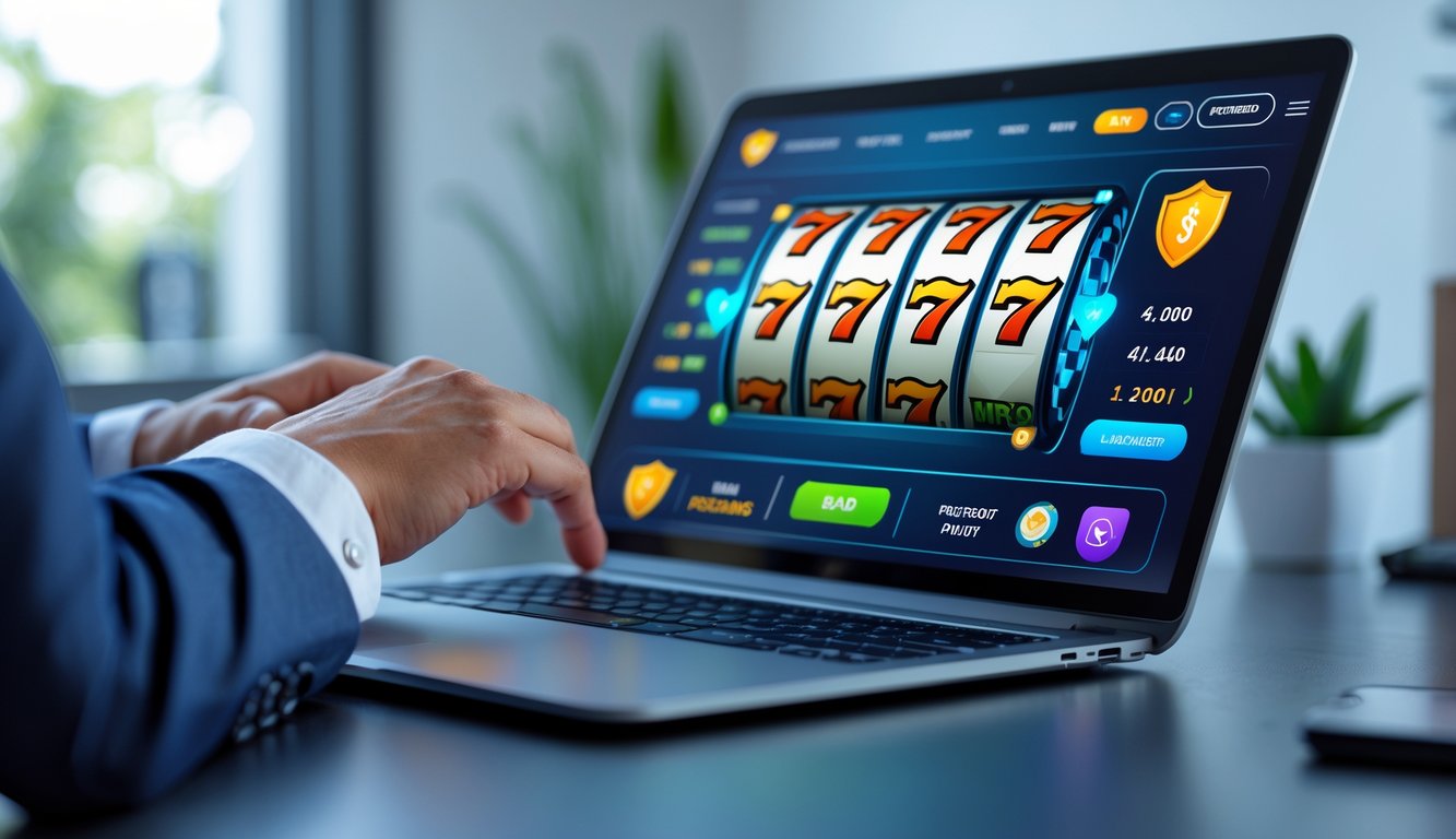 Seseorang menggunakan laptop dengan tampilan permainan slot online di layar dalam suasana kerja yang modern dan aman.