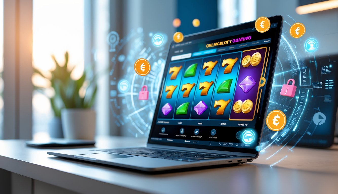 Seorang pengguna sedang bermain slot online di komputer dengan ikon e-wallet dan simbol keamanan di sekitar layar.