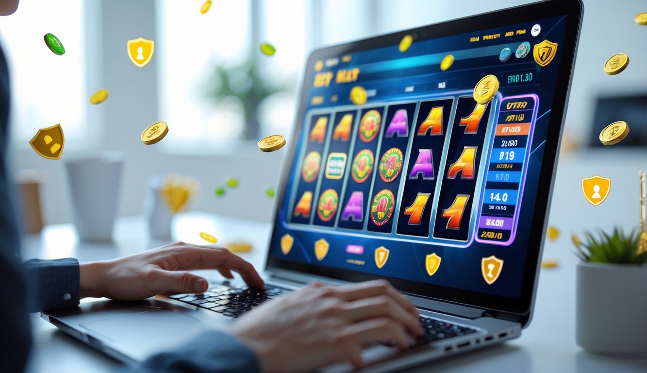 Seorang pemain menggunakan laptop dengan layar menampilkan permainan slot online yang berwarna-warni dan simbol keamanan digital di sekitar perangkat.