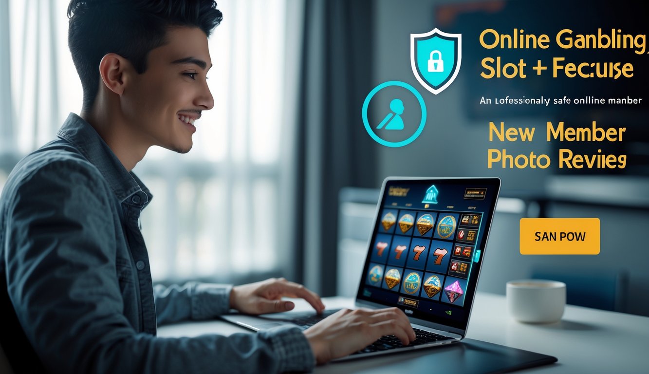 Seorang dewasa muda menggunakan laptop dengan tampilan permainan slot online di layar dalam ruangan yang nyaman dan aman.