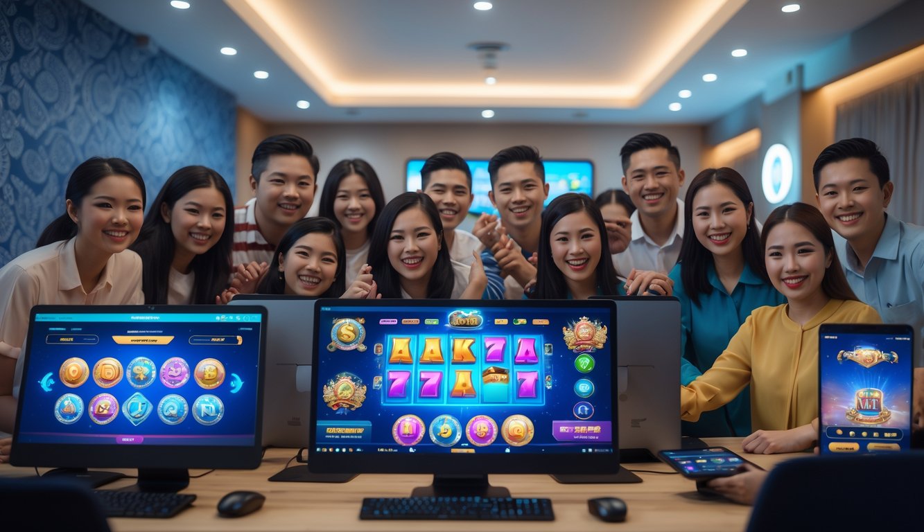 Beberapa orang Indonesia bermain permainan slot online di komputer dan ponsel dalam ruangan yang terang dan modern.