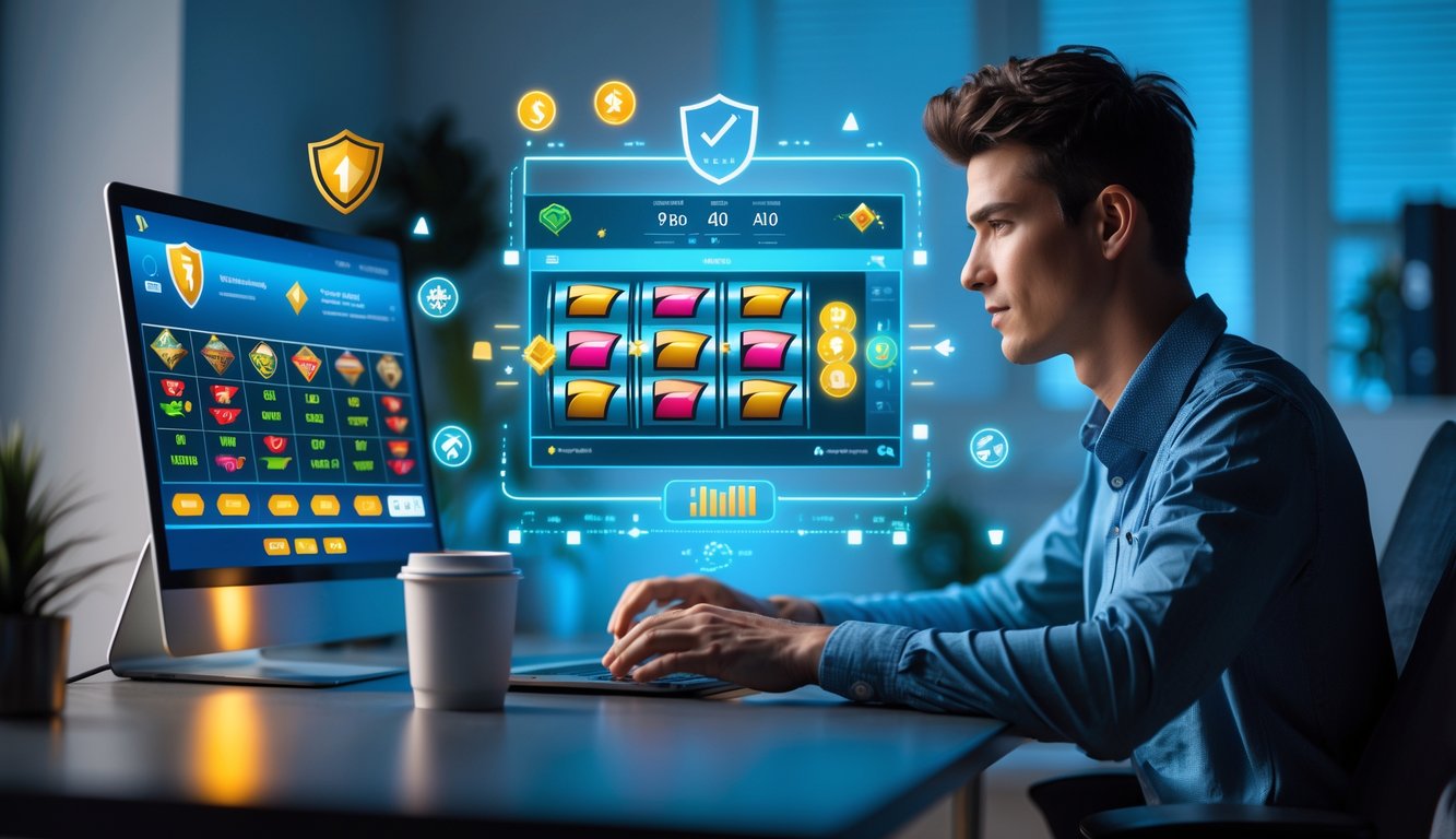 Seorang pria muda duduk di meja kerja dengan laptop yang menampilkan grafik mesin slot dan simbol keamanan di latar belakang.