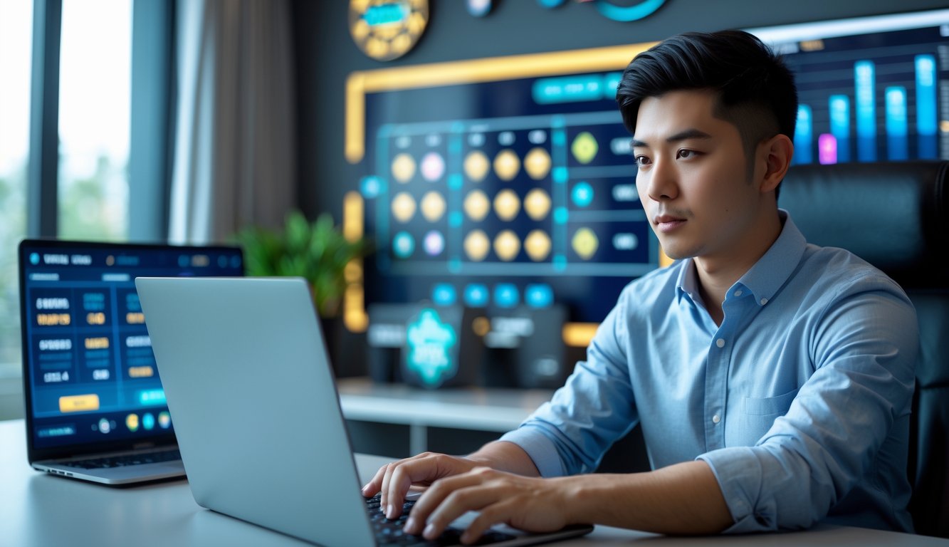 Seorang pria muda sedang duduk di meja dengan laptop, fokus menganalisis data permainan slot online di ruang kerja yang rapi dan terang.
