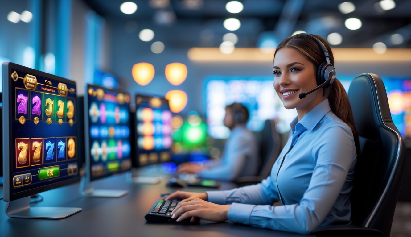 Seorang perwakilan layanan pelanggan tersenyum dengan headset di depan komputer yang menampilkan permainan slot online di kantor modern.