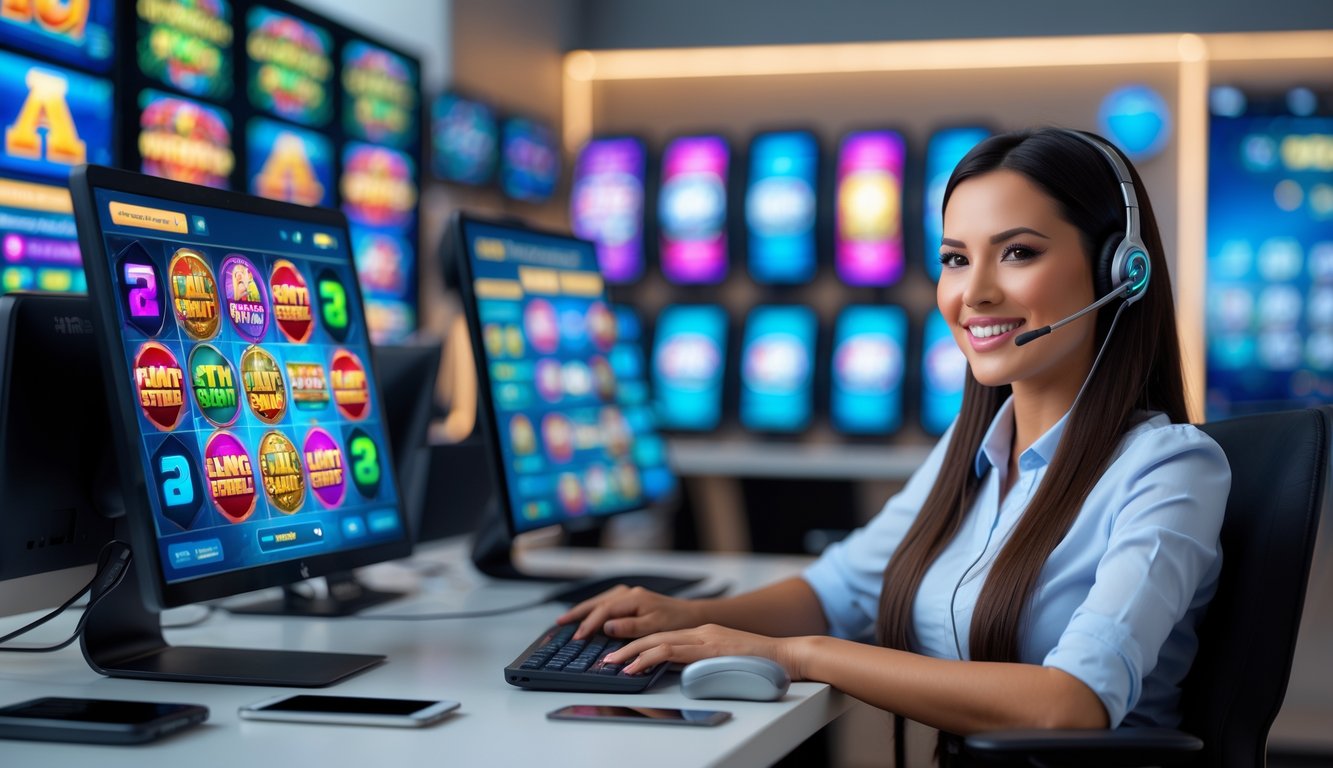 Seorang perwakilan layanan pelanggan yang ramah dengan headset sedang bekerja di kantor modern dengan layar komputer menampilkan permainan slot online di latar belakang.