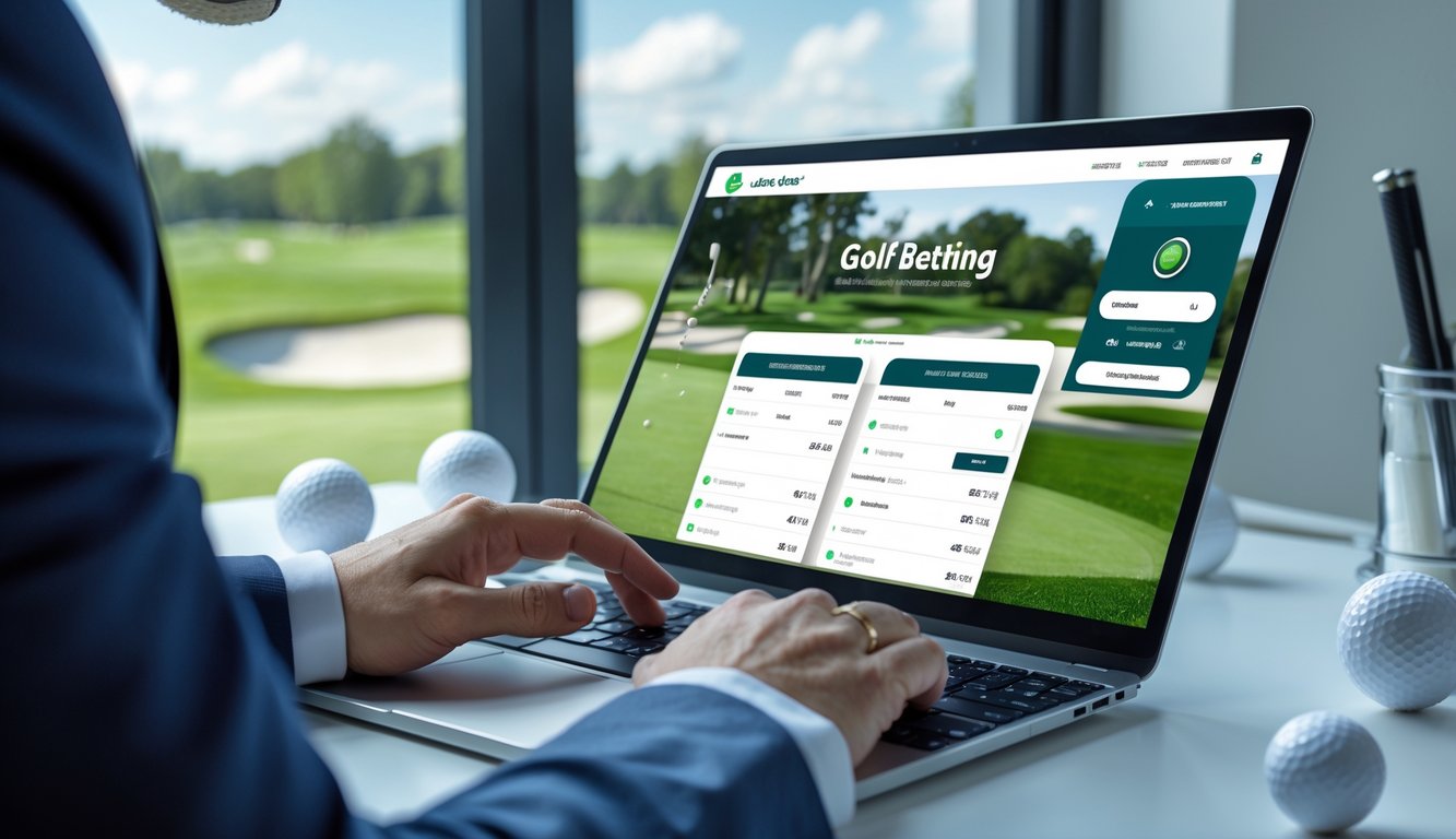 Seorang profesional menggunakan laptop di meja dengan latar belakang lapangan golf, menunjukkan aktivitas taruhan golf online yang aman dan resmi.