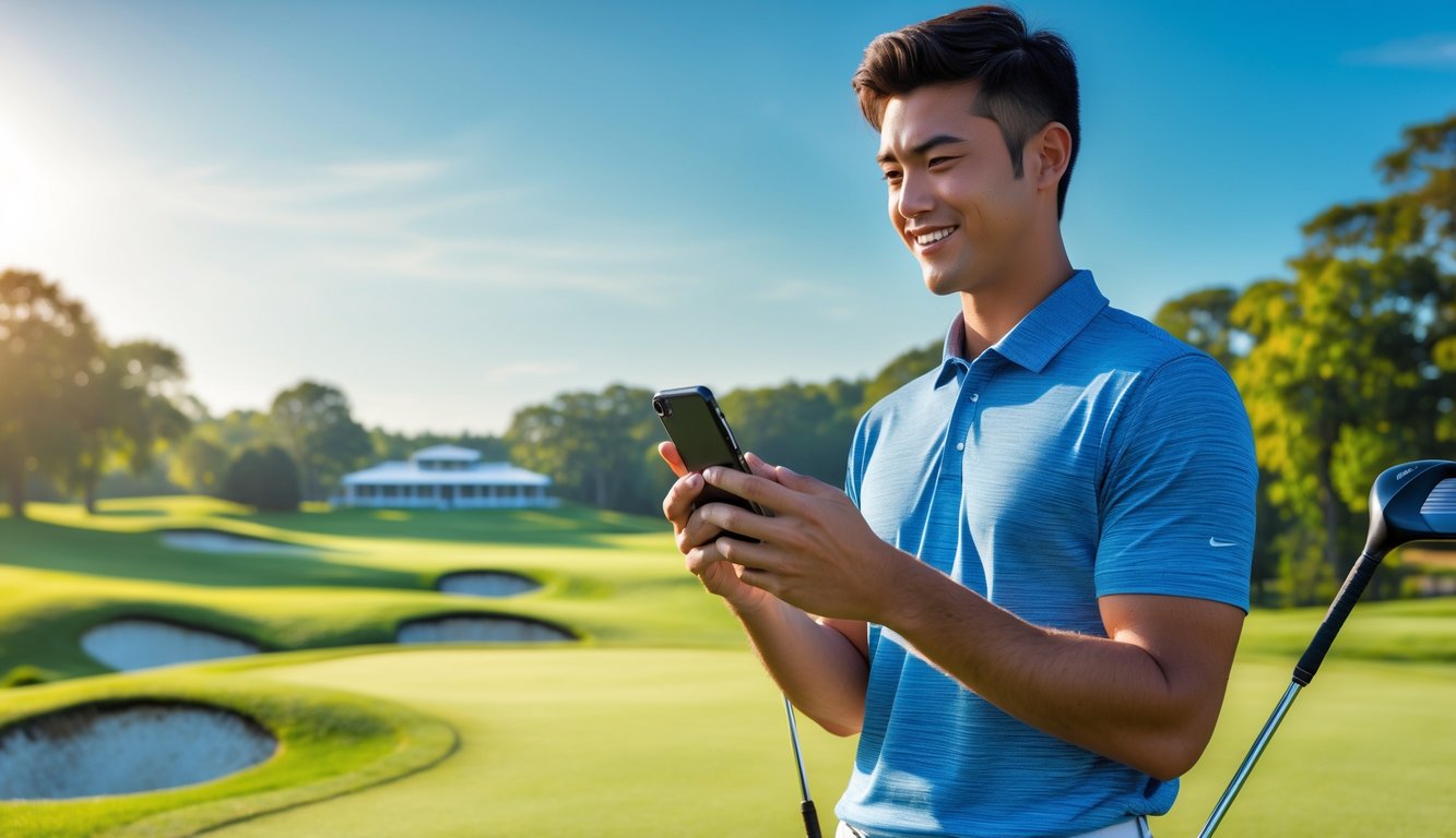 Seorang pria muda berdiri di lapangan golf yang hijau sambil memegang tongkat golf dan melihat layar ponsel.