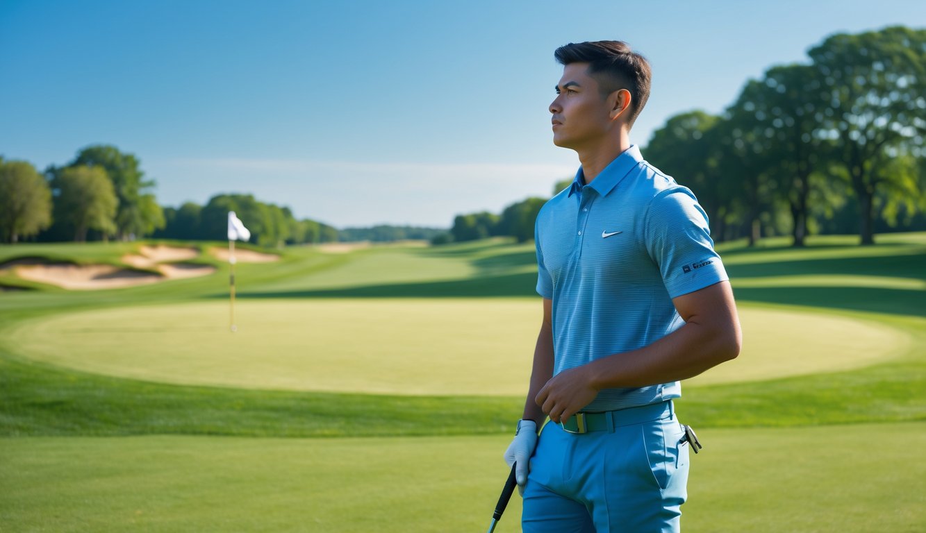 Seorang pria muda berdiri di lapangan golf hijau dengan pakaian golf, memegang stik golf dan menatap ke kejauhan pada hari cerah.