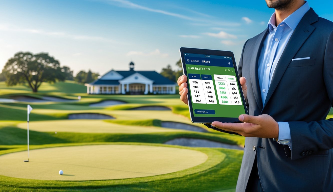 Seorang profesional berdiri di lapangan golf yang hijau sambil memegang tablet digital dengan latar belakang lapangan golf dan gedung klub golf.