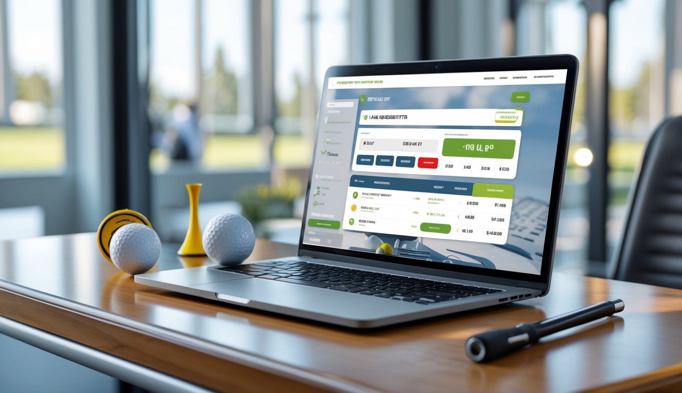 Seorang pria menggunakan komputer dengan layar menampilkan situs taruhan golf online, di meja terdapat bola golf dan stik golf, suasana kantor terang dan rapi.