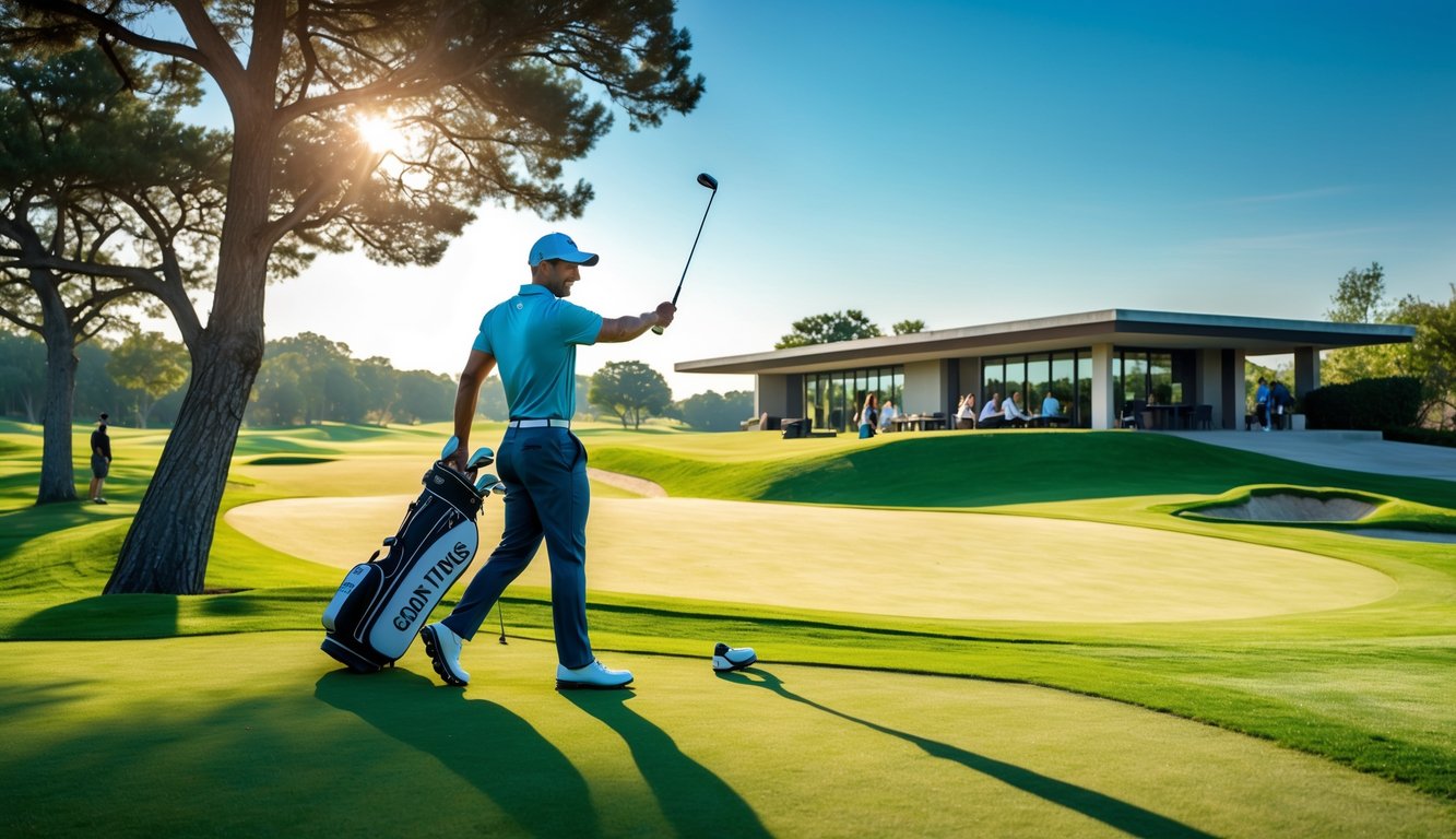 Seorang pegolf sedang mengayunkan tongkat golf di lapangan golf hijau dengan klub golf dan clubhouse di latar belakang.