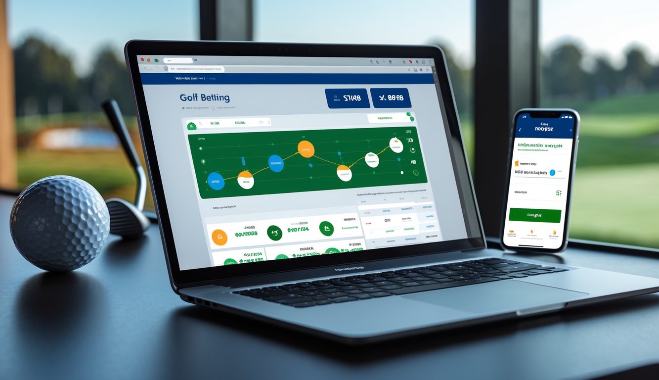 Seorang profesional menggunakan laptop dan ponsel untuk taruhan golf online dengan latar belakang elemen golf dan pemandangan lapangan golf.