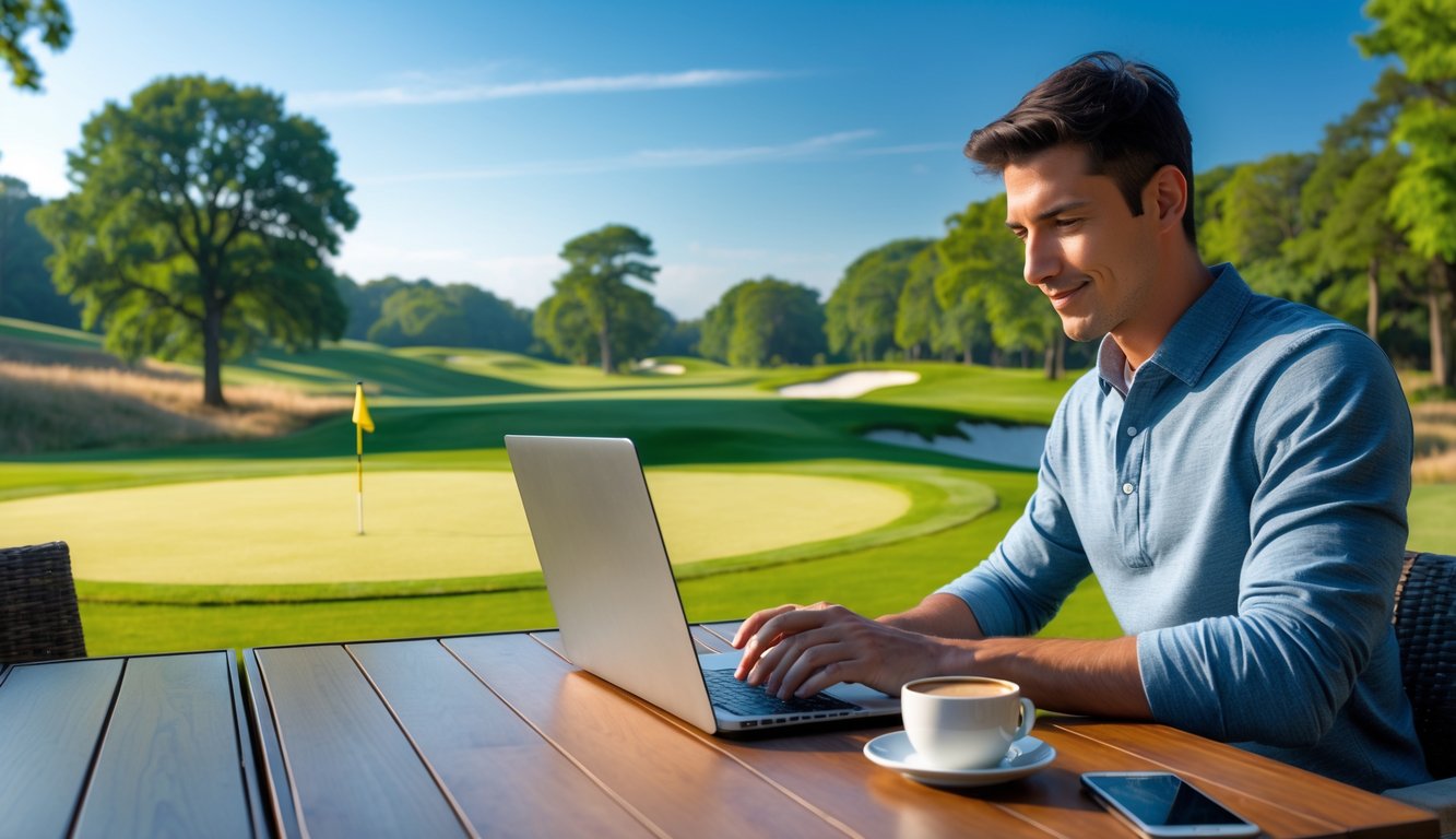 Seorang pria muda menggunakan laptop di luar ruangan dekat lapangan golf yang hijau dan terawat.