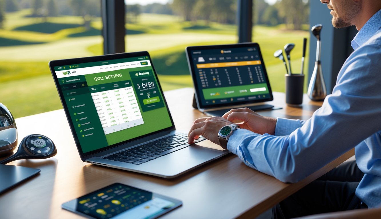 Seorang pria menggunakan laptop di meja kerja dengan latar belakang lapangan golf, menggambarkan pengalaman taruhan golf online yang resmi dan aman.