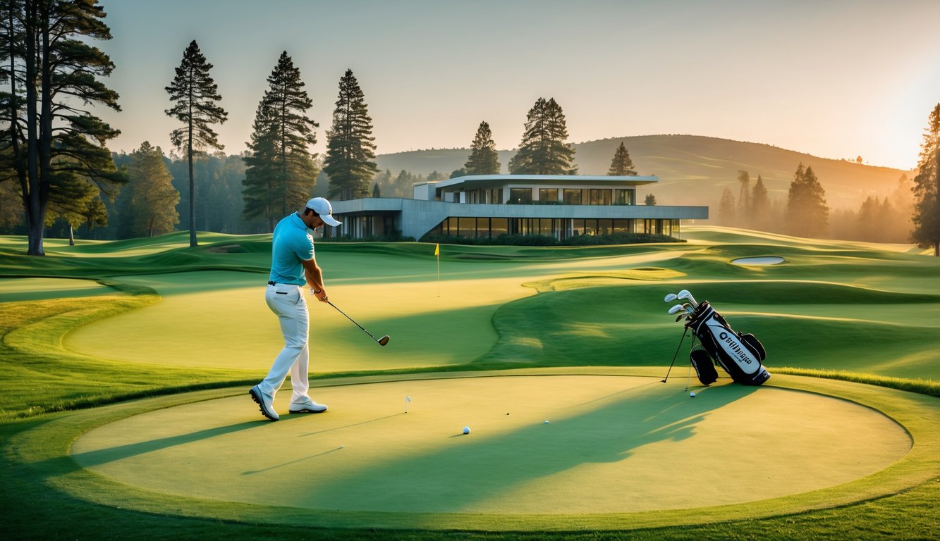 Pemandangan lapangan golf yang hijau dengan seorang pemain golf sedang mengayunkan stik golf, latar belakang terdapat gedung klub golf modern dan pepohonan.