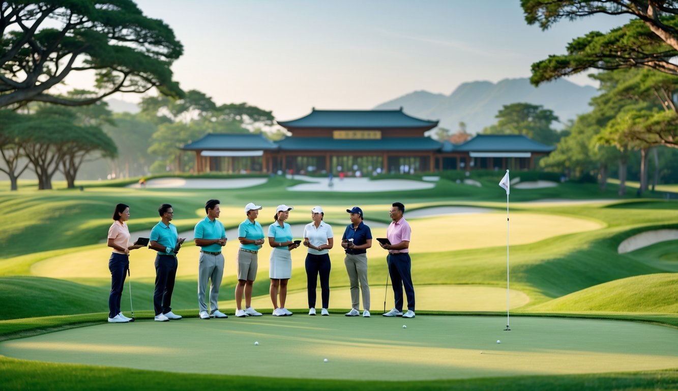 Lapangan golf yang rapi dengan beberapa orang berpakaian golf sedang berdiskusi sambil memegang perangkat digital, di depan klub golf bergaya Asia.
