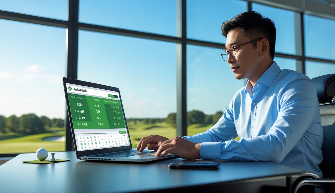 Seorang pria Asia duduk di meja modern dengan laptop, melihat informasi taruhan golf online dengan latar belakang lapangan golf.