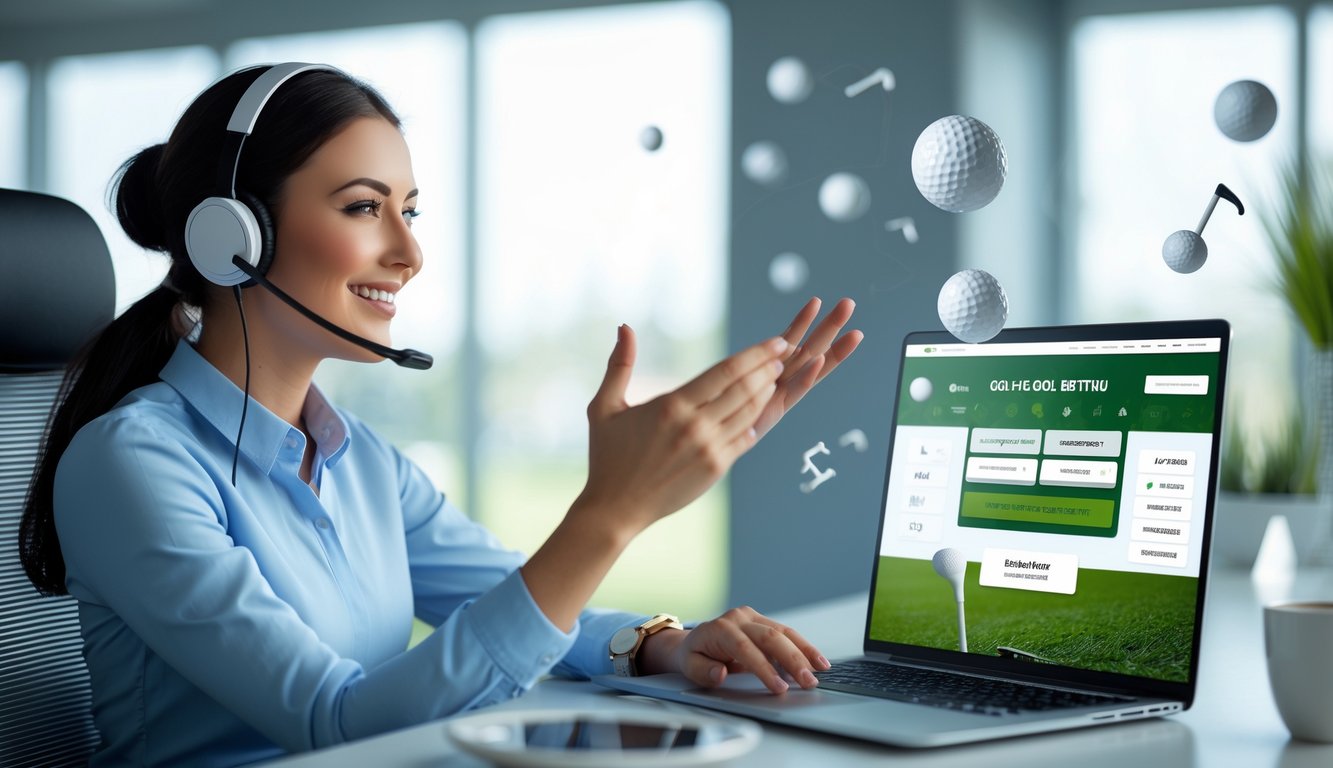 Seorang petugas layanan pelanggan sedang duduk di depan laptop dengan latar belakang elemen golf dan suasana kantor yang profesional.