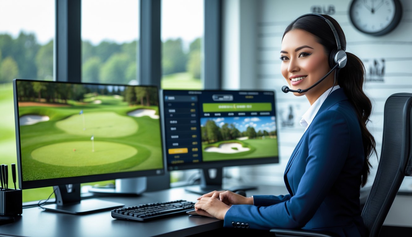 Seorang perwakilan layanan pelanggan yang tersenyum duduk di depan komputer dengan layar menampilkan lapangan golf dan antarmuka taruhan, di ruang kantor dengan elemen golf di latar belakang.