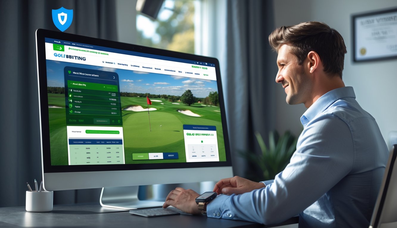Seorang pria duduk di depan komputer dengan tampilan situs taruhan golf online yang aman dan legal, di ruang kerja modern.